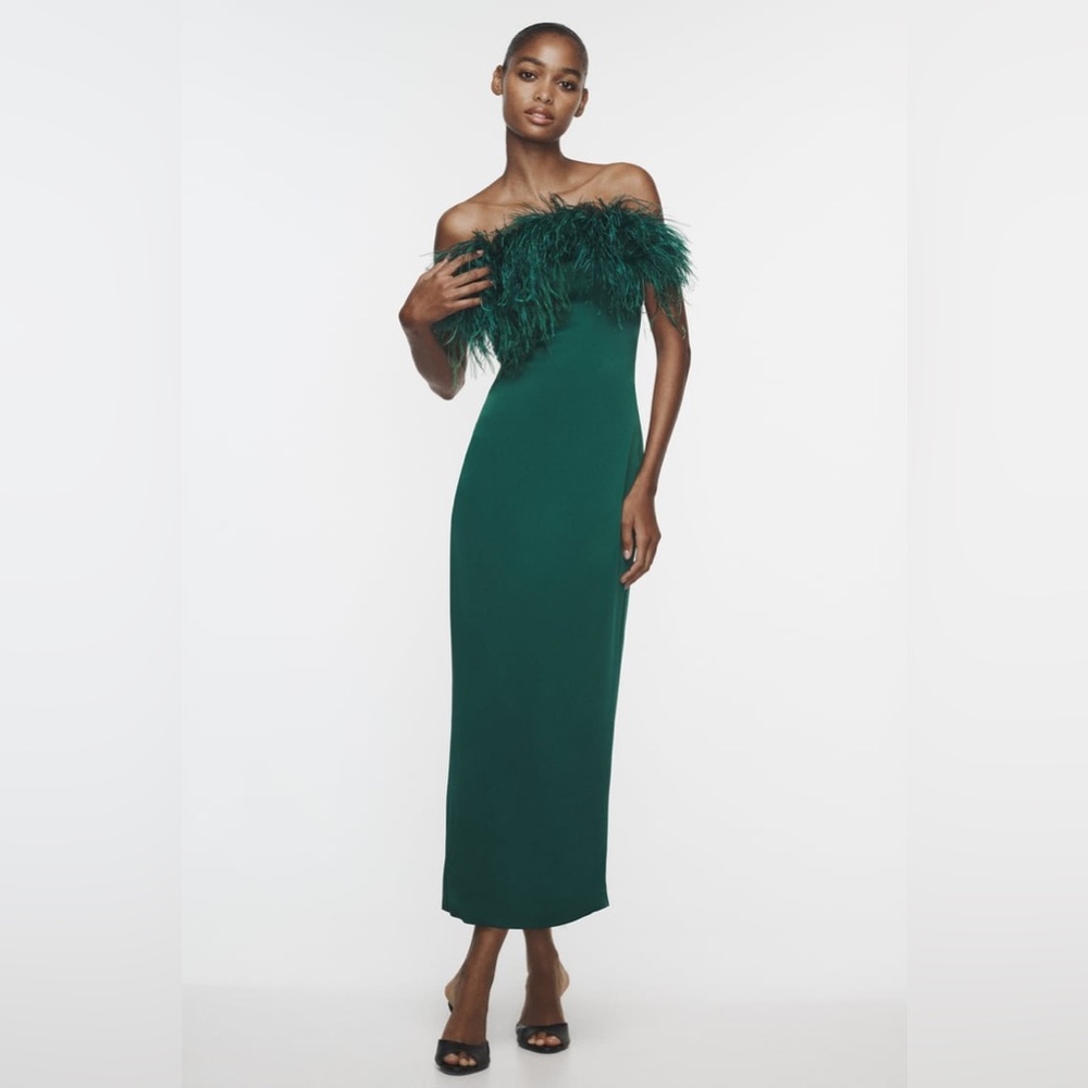 ZARA FEATHER SATIN EFFECT DRESS - Picture 6 of 11
